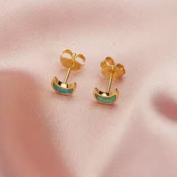 Opal Moon Stud Earrings Gold Sterling Silver Dainty October Birthstone Jewelry - Picture 8 of 12